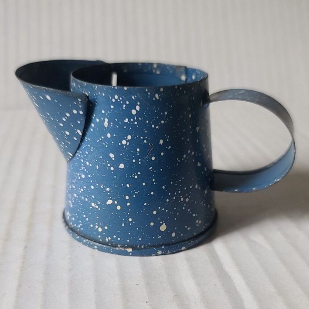 Blue & White Speckled Metal Tin Mini Pitcher‎ Creamer Vintage  2" Tall